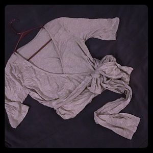 Agnes and Dora wrap top, gray tie front cardigan